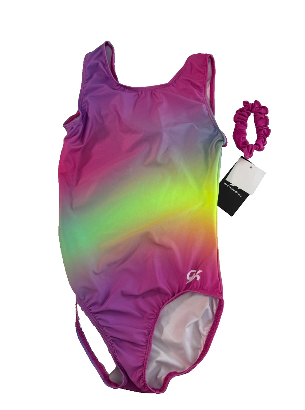 GK Elite Girls Tank Gymnastics Leotard Neon Ombre Purple Pink w/ Scrunchie M